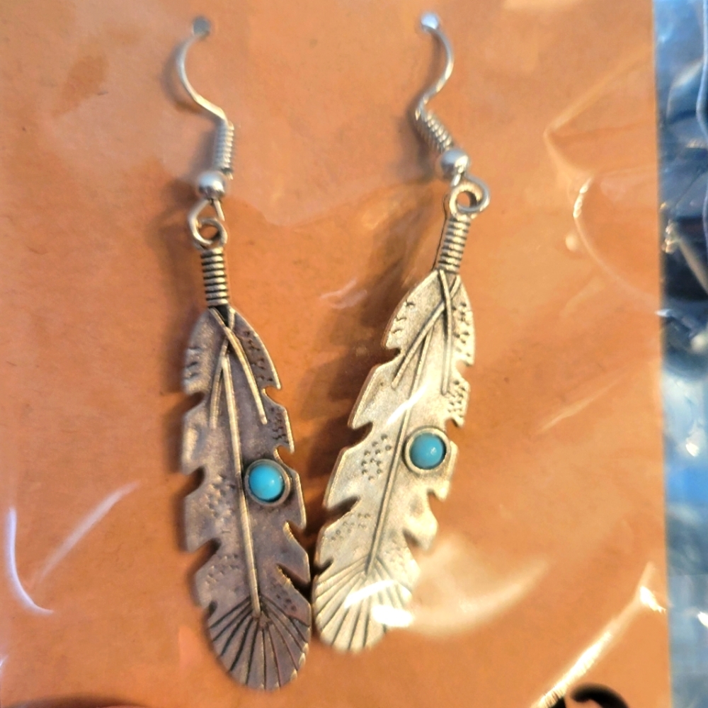 Feather silver tone turquoise pierced dangle earrings